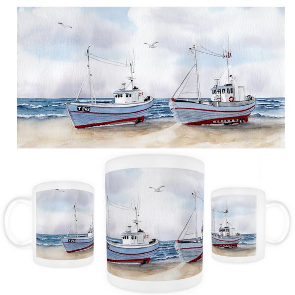 Tasse Becher Kaffeebecher  Zwei Fischerboote and Land  Aquarell Maritim Kunst Druck Kunstdruck Dänemark Nordsee  Düne Meer Möwe Strand
