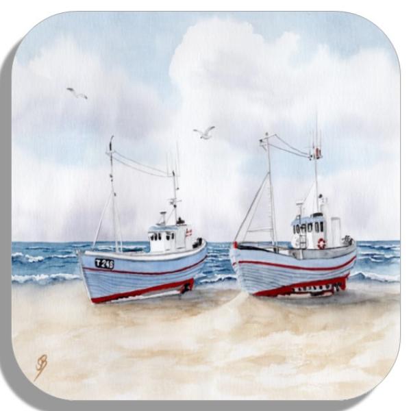 Untersetzer Glasuntersetzer 9,5 x 9,5 cm  Zwei Fischerboote an Land  Aquarell Maritim Kunst Druck Kunstdruck Dänemark Nordsee  Düne Meer Möwe Strand