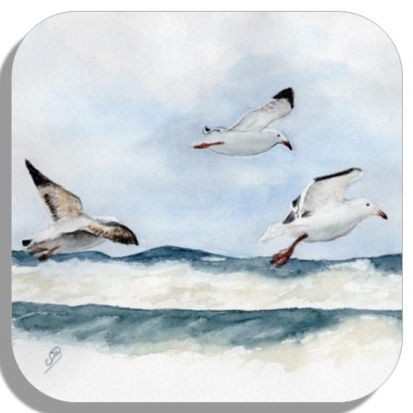 Coasters glass coasters 9,5 x  9,5 cm  Watercolor Maritime Art Print Denmark North Sea Baltic Sea Dune Dunes Beach Seagull Seagulls