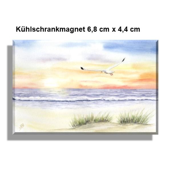 Kühlschrankmagnet Sonnenuntergang Strand Aquarell Maritim Kunst Druck Kunstdruck Dänemark Nordsee Düne Dünen Meer Möwe Ostsee