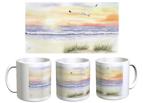 Cup Coffee Cup Mug Sunset Beach Watercolor Maritime Art Print Denmark North Sea Baltic Sea Dune Dunes Beach Seagull Seagulls