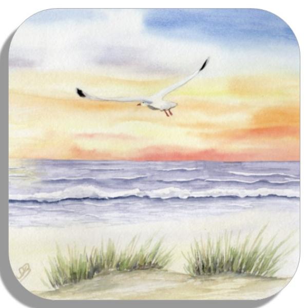 Untersetzer Glasuntersetzer 9,5 x 9,5 cm Sonnenuntergang Strand Aquarell Maritim Kunst Druck Kunstdruck Dänemark Nordsee Düne Dünen Meer Möwe Ostsee