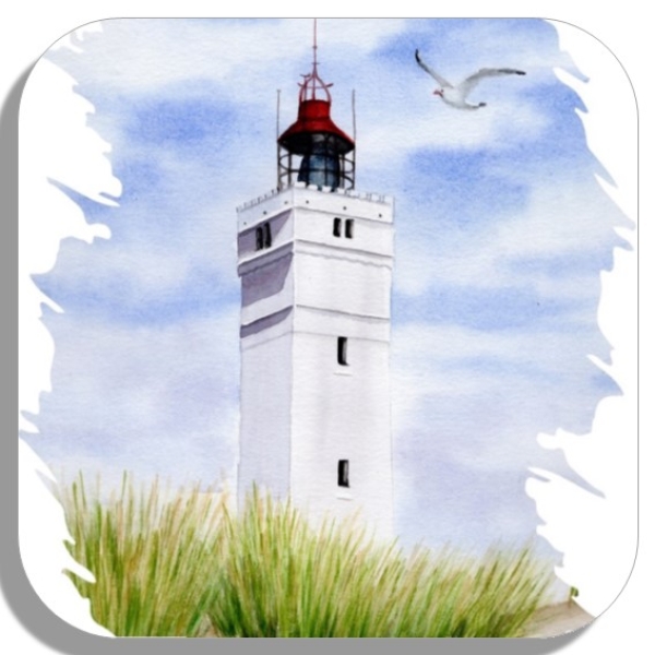 Untersetzer Glasuntersetzer 9,5 x 9,5 cm Aquarell Maritim Kunst Druck Kunstdruck Nordsee Dänemark Danmark  Blåvand Blavand Dünen Leuchtturm