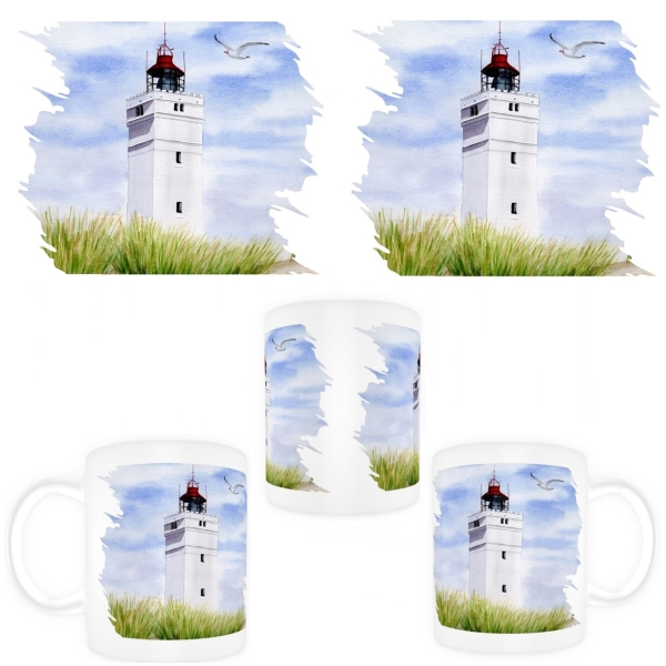Cup Coffee Cup Mug  Watercolor Maritime Art Print Art Print North Sea Denmark Danmark Blåvand Blavand  dunes lighthouse