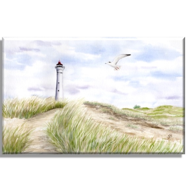 Leinwand 30 x 20 cm Keilrahmen Canvas-Leinen Aquarell Maritim Kunst Druck Kunstdruck Nordsee Dänemark Danmark  Leuchtturm Lyngvig Hvide Sande Sondervig Strand Möwe