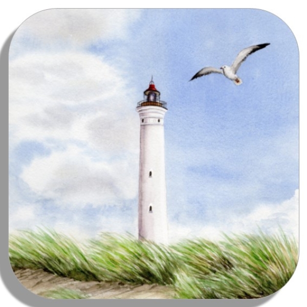 Coasters glass coasters 9,5 x  9,5 cm watercolor maritime art print art print North Sea Denmark Danmark lighthouse Lyngvig Hvide Sande Sondervig Dunes Beach Seagulls