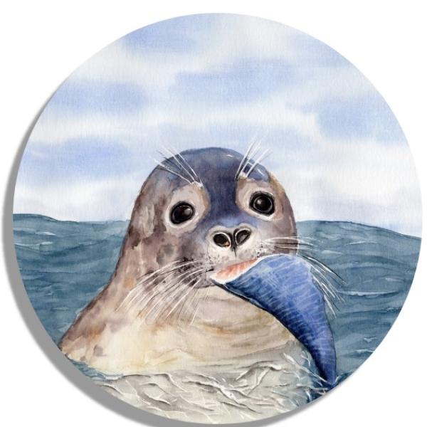 Untersetzer Glasuntersetzer rund 9,5 cm  Aquarell Maritim Kunst Druck Kunstdruck Seehund mit Fisch Robbe Heuler Kegelrobbe Dänemark Nordsee Ostsee