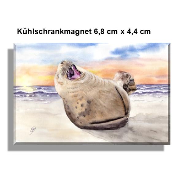 Kühlschrankmagnet Aquarell Maritim Kunst Druck Kunstdruck lachender Seehund Robbe Heuler Kegelrobbe Dänemark Nordsee Ostsee