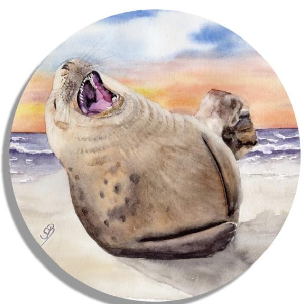 Untersetzer Glasuntersetzer rund 9,5 cm Aquarell Maritim Kunst Druck Kunstdruck lachender Seehund Robbe Heuler Kegelrobbe Dänemark Nordsee Ostsee