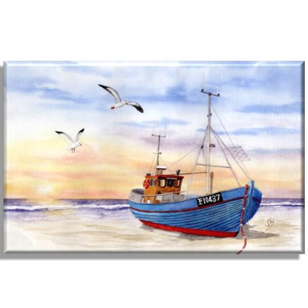 Leinwand 30 x 20 cm Keilrahmen Canvas-Leinen DK26 - Fischerboot mit Möwen im Sonnenuntergang