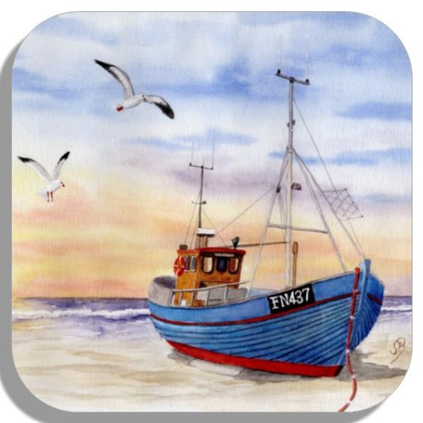 Coasters glass coasters 9,5 x  9,5 cm Fishing boat with seagulls in the sunset DK26