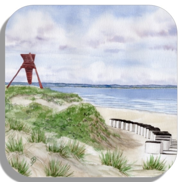 Untersetzer Glasuntersetzer 9,5 x 9,5 cm Folienmagnet Aquarell Maritim Kunst Druck Kunstdruck Dänemark Nordsee Blokhus Bake Strand