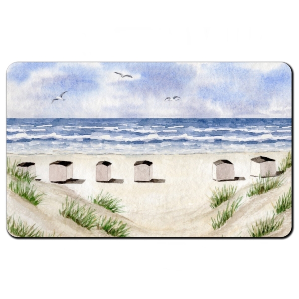 Frühstücksbrettchen Brettchen Aquarell Maritim Kunst Druck Kunstdruck Dänemark Nordsee Blokhus Strand Strandhäuser Badehäuser Dünen