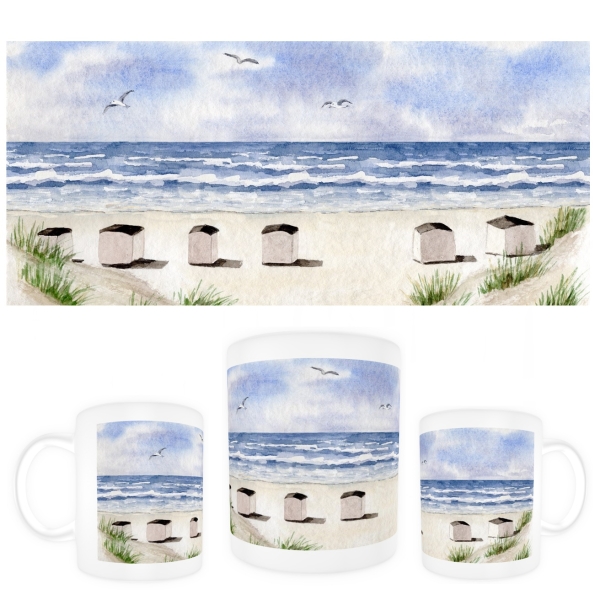 Tasse Becher Kaffeebecher Aquarell Maritim Kunst Druck Kunstdruck Dänemark Nordsee Blokhus Strand Strandhäuser Badehäuser Dünen
