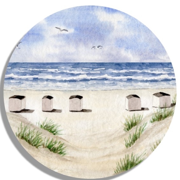 Untersetzer Glasuntersetzer rund 9,5 cm Aquarell Maritim Kunst Druck Kunstdruck Dänemark Nordsee Blokhus Strand Strandhäuser Badehäuser Dünen