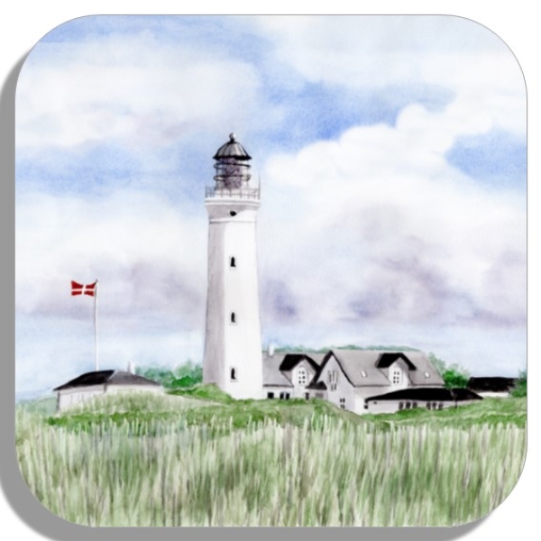 Coasters glass coasters 9,5 x  9,5 cm Watercolor Maritime Art Print Art Print North Sea Denmark Danmark  Hirtshals dunes  lighthouse
