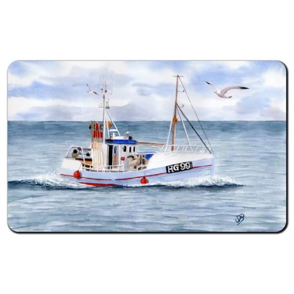 Breakfast board   Watercolor Maritime Art Print Denmark North Sea Hirtshals Fishing boat cutter Seagulls
