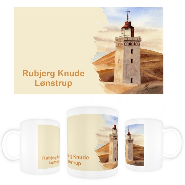 Tasse Becher Kaffeebecher Aquarell Maritim Kunst Druck Kunstdruck Nordsee Dänemark Danmark Leuchtturm Rubjerg Knude Düne Blokhus Lokken Sonnenuntergang