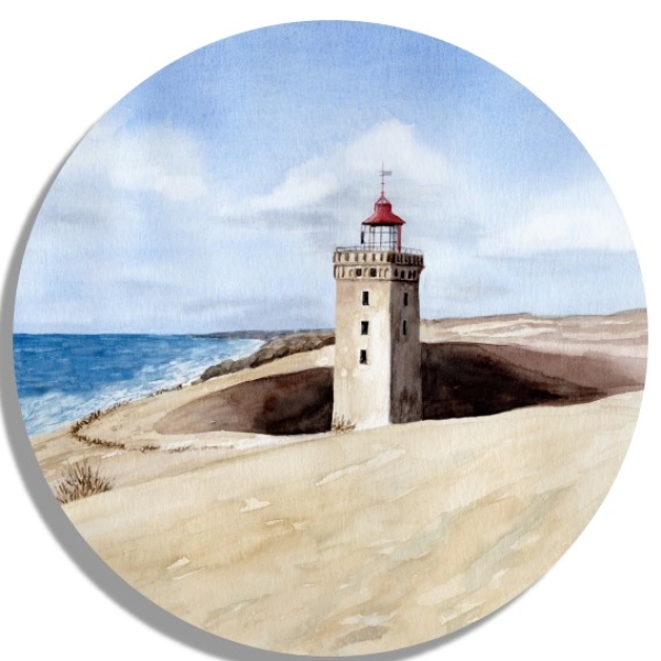 Untersetzer Glasuntersetzer rund 9,5 cm Aquarell Maritim Kunst Druck Kunstdruck Nordsee Dänemark Danmark Leuchtturm Rubjerg Knude Düne Blokhus Lokken Sonnenuntergang