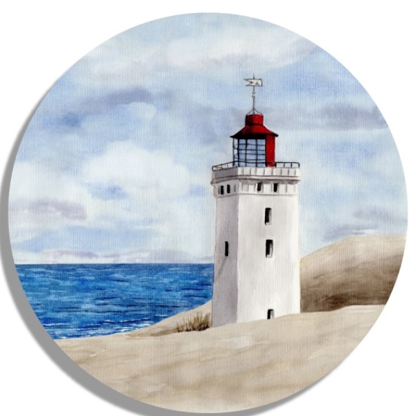 Untersetzer Glasuntersetzer rund 9,5 cm Aquarell Maritim Kunst Druck Kunstdruck Nordsee Dänemark Danmark Leuchtturm Rubjerg Knude Düne Blokhus Lokken Sonnenuntergang