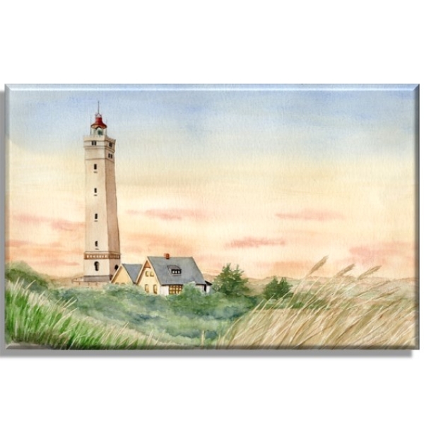 Leinwand 30 x 20 cm Keilrahmen Canvas-Leinen Aquarell Maritim Kunst Druck Kunstdruck Nordsee Dänemark Danmark  Blåvand Blavand Dünen Leuchtturm Sonnenuntergang