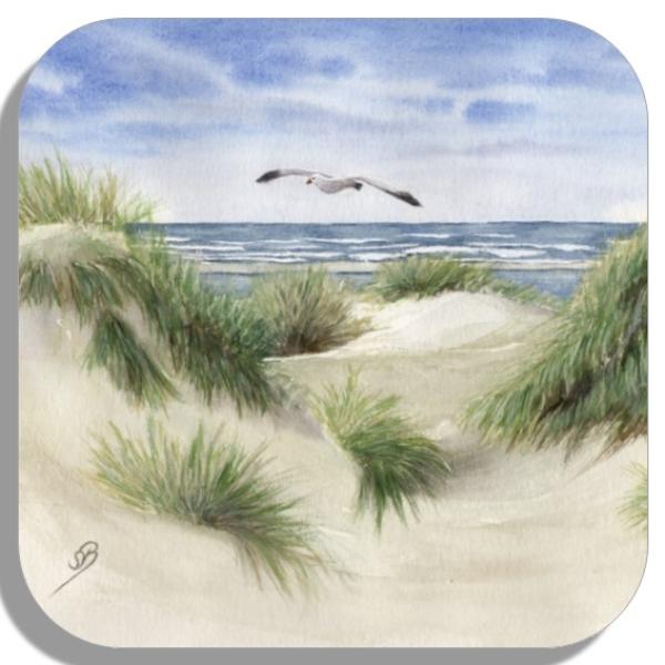 Untersetzer Glasuntersetzer 9,5 x 9,5 cm  Aquarell Maritim Kunst Druck Kunstdruck Dünen Dänemark Nordsee Düne Meer Möwe Strand