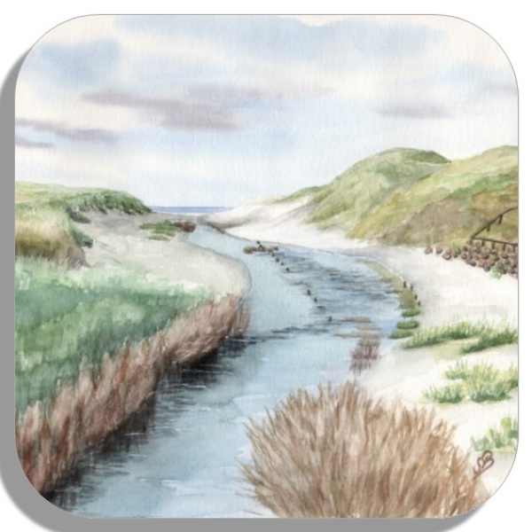 Untersetzer Glasuntersetzer 9,5 x 9,5 cm Aquarell Maritim Kunst Druck Kunstdruck Dünen Dänemark Nordsee Düne Meer Henne Strand Molle Fluss