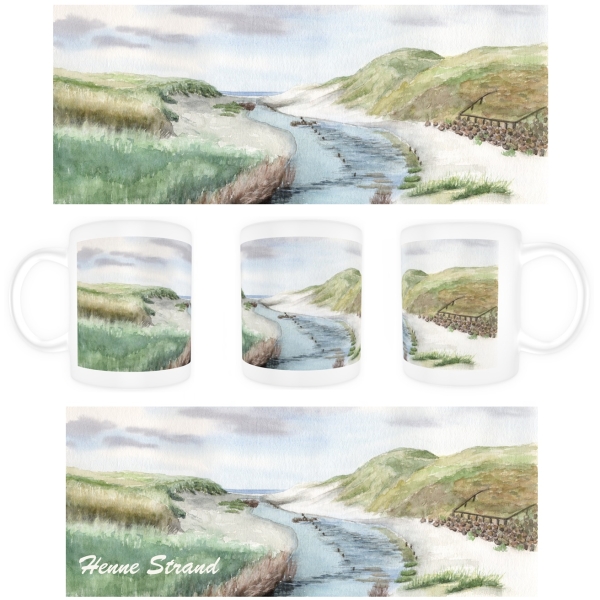 Tasse Becher Kaffeebecher Aquarell Maritim Kunst Druck Kunstdruck Dünen Dänemark Nordsee Düne Meer Henne Strand Molle Fluss