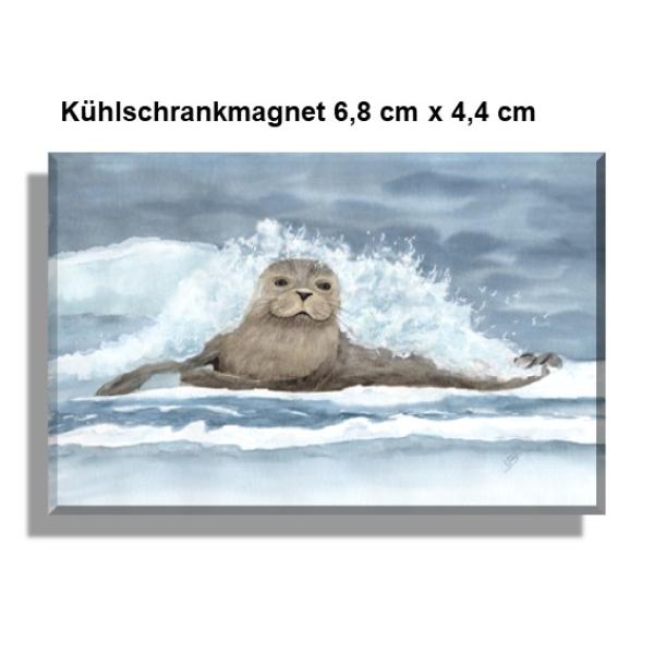 Kühlschrankmagnet  Aquarell Maritim Kunst Druck Kunstdruck Seehund Welle Wellen Robbe Heuler Kegelrobbe Dänemark Nordsee Ostsee