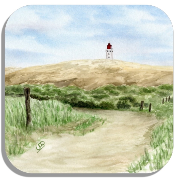 Untersetzer Glasuntersetzer 9,5 x 9,5 cm Aquarell Maritim Kunst Druck Kunstdruck Nordsee Dänemark Danmark Leuchtturm Rubjerg Knude Düne Blokhus Lokken Sonnenuntergang