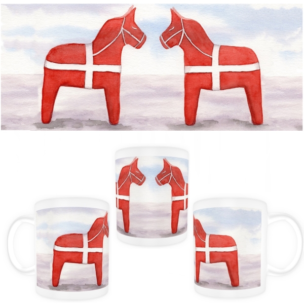 Tasse Becher Kaffeebecher Aquarell Maritim Kunst Druck Kunstdruck Nordsee Dänemark Danmark  Blåvand Blavand rote Pferde