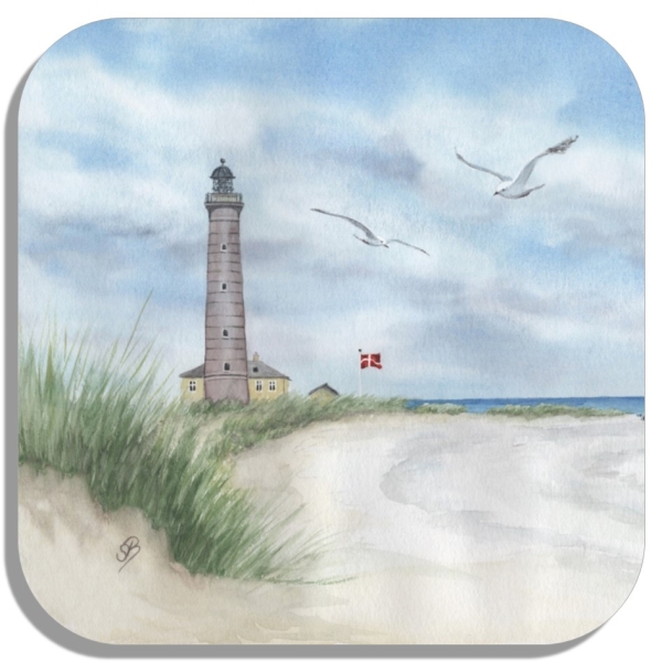 Coasters glass coasters 9,5 x  9,5 cm Watercolor Maritime Art Print Art Print North Sea Denmark Danmark  Lighthouse Skagen