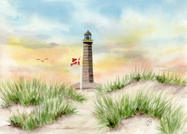 Poster DIN-A3 Aquarell Maritim Kunst Druck Kunstdruck Nordsee Dänemark Danmark  Leuchtturm Skagen