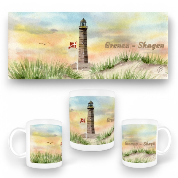 Tasse Becher Kaffeebecher Aquarell Maritim Kunst Druck Kunstdruck Nordsee Dänemark Danmark Leuchtturm Skagen