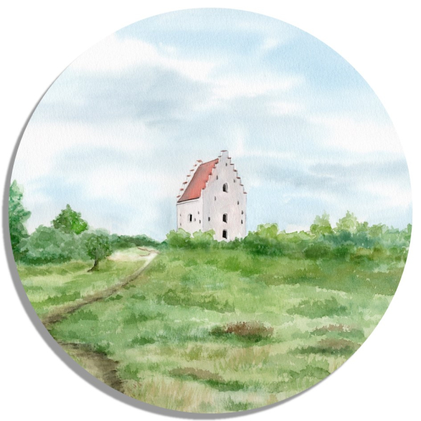 Untersetzer Glasuntersetzer rund 9,5 cm Aquarell Maritim Kunst Druck Kunstdruck Nordsee Dänemark Danmark Skagen versandete Kirche