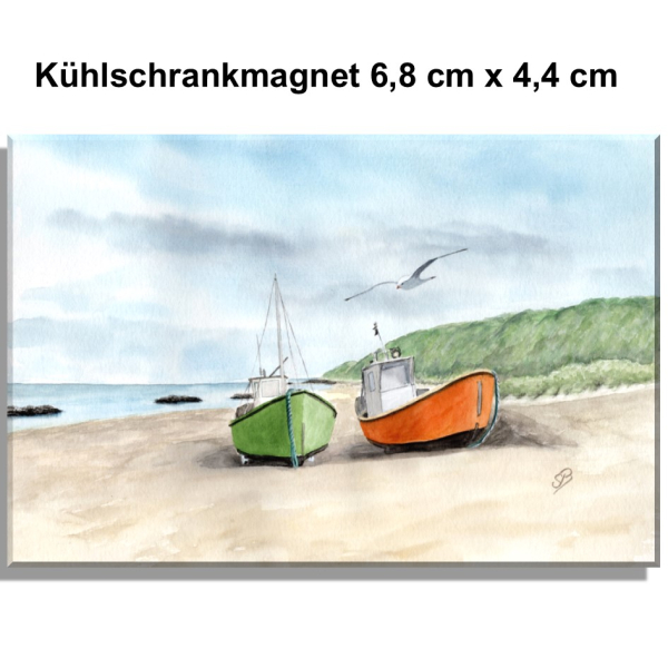 Kühlschrankmagnet  Zwei Fischerboote am Strand  Aquarell Maritim Kunst Druck Kunstdruck Dänemark Nordsee  Düne Meer Blokhus Strand