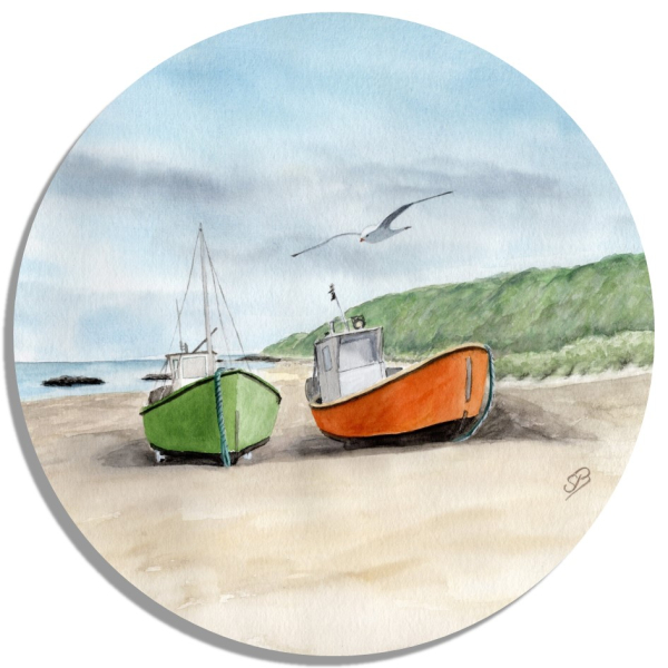 Untersetzer Glasuntersetzer rund 9,5 cm  Zwei Fischerboote am Strand  Aquarell Maritim Kunst Druck Kunstdruck Dänemark Nordsee  Düne Meer Blokhus Strand