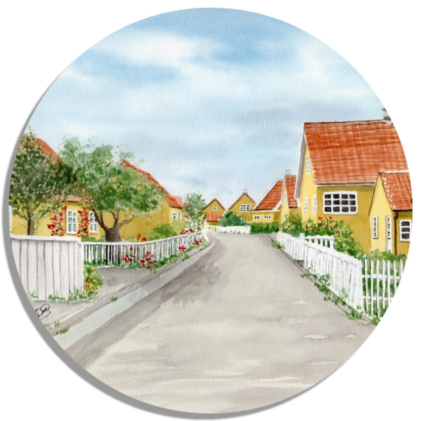 Coasters glass coasters 9,5 x  9,5 cm Watercolor Maritime Art Print Art Print North Sea Denmark Danmark Stagen yellow houses