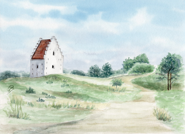 Poster DIN-A4 Aquarell Maritim Kunst Druck Kunstdruck Nordsee Dänemark Danmark  Skagen versandete Kirche