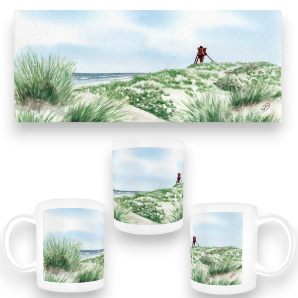 Tasse Becher Kaffeebecher  Folienmagnet Aquarell Maritim Kunst Druck Kunstdruck Dänemark Nordsee Blokhus Bake Strand