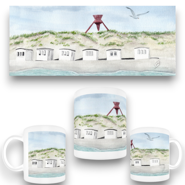 Tasse Becher Kaffeebecher  Folienmagnet Aquarell Maritim Kunst Druck Kunstdruck Dänemark Nordsee Blokhus Bake Strand