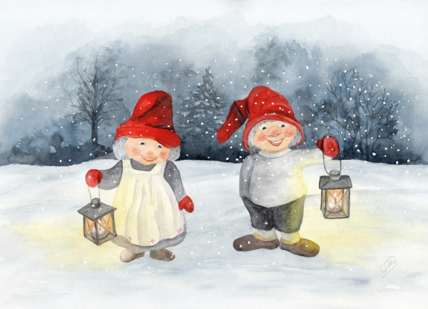 Poster DIN-A4  Aquarell Kunst Druck Kunstdruck Dänemark Danmark skandinavien - Weihnachten Winter Jul Nisse