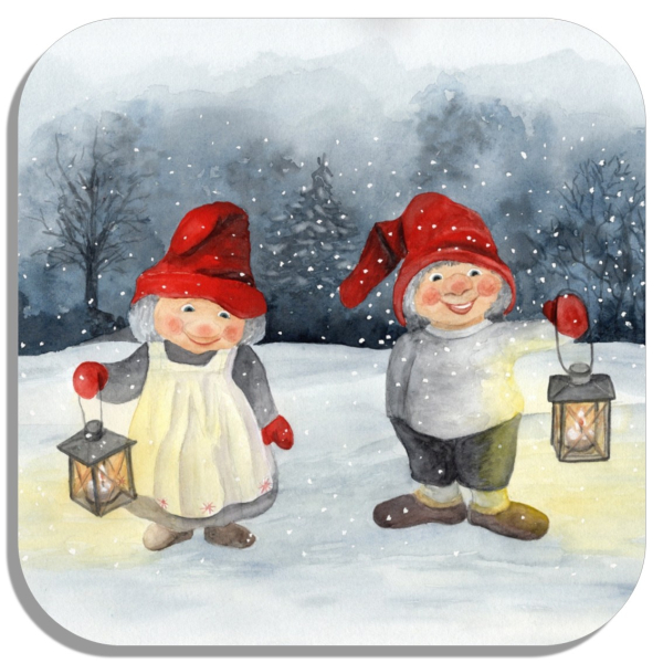 Untersetzer Glasuntersetzer 9,5 x 9,5 cm Aquarell Kunst Druck Kunstdruck Dänemark Danmark skandinavien - Weihnachten Winter Jul Nisse