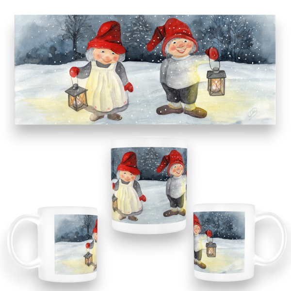 Tasse Becher Kaffeebecher  Aquarell Kunst Druck Kunstdruck Dänemark Danmark skandinavien - Weihnachten Winter Jul Nisse