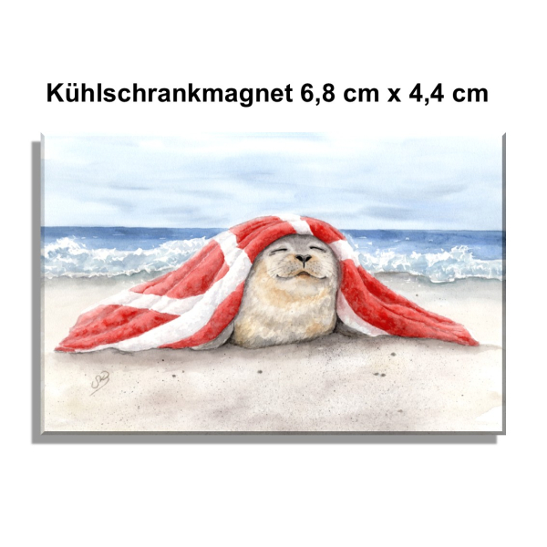 Kühlschrankmagnet  Aquarell Maritim Kunst Druck Kunstdruck Seehund auf Bauch Robbe Heuler Kegelrobbe Dänemark Nordsee Ostsee