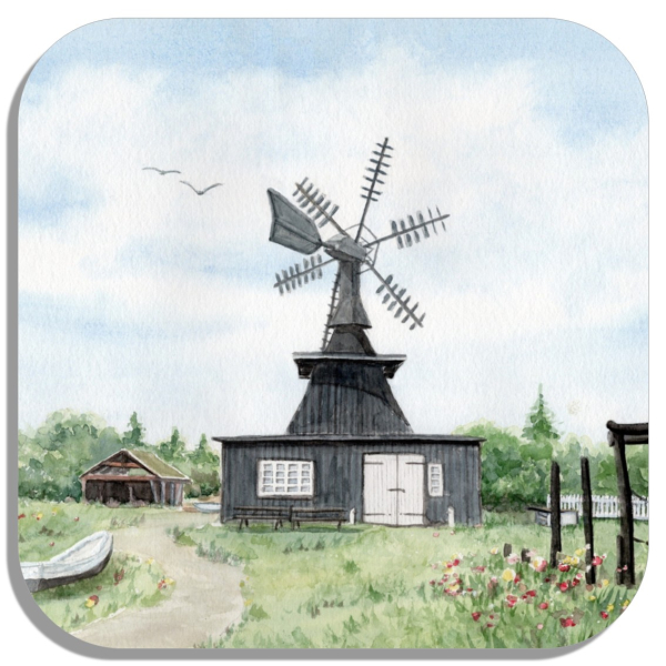 Coasters glass coasters 9,5 x  9,5 cm watercolor maritime art print art print  Denmark Danmark - Nymindegab Mill - DK85