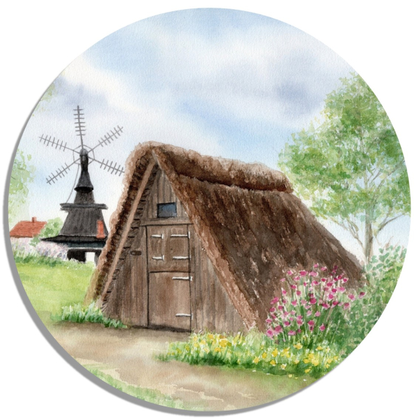Untersetzer Glasuntersetzer rund 9,5 cm Aquarell Maritim Kunst Druck Kunstdruck  Dänemark Danmark - Nymindegab Mühle Esehus Fischerhaus