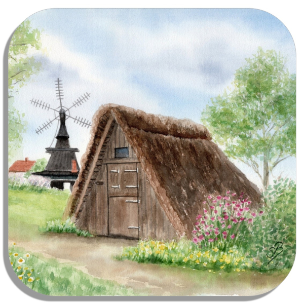 Untersetzer Glasuntersetzer 9,5 x 9,5 cm Aquarell Maritim Kunst Druck Kunstdruck  Dänemark Danmark  - Nymindegab Mühle Esehus Fischerhaus