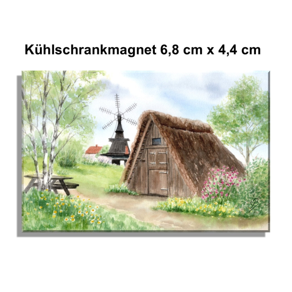 Kühlschrankmagnet  Aquarell Aquarell Maritim Kunst Druck Kunstdruck Ostsee Dänemark Danmark Nymindegab Mühle Esehus Fischerhaus