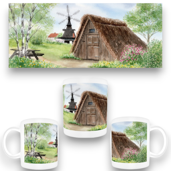 Tasse Becher Kaffeebecher Aquarell Maritim Kunst Druck Kunstdruck  Dänemark Danmark  - Nymindegab Mühle Esehus Fischerhaus